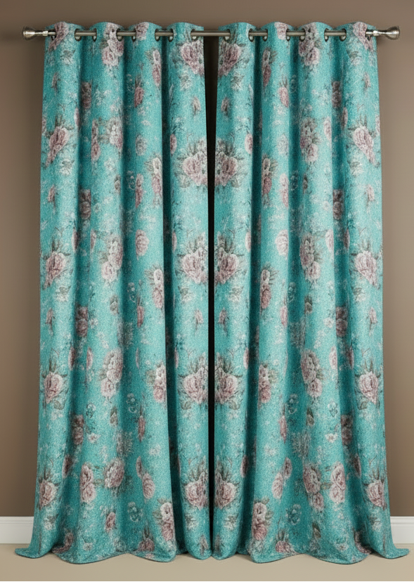 HEATHER TEAL TURQUOISE FLOWER Thick Black Out  Printed Grommet Panel Curtain