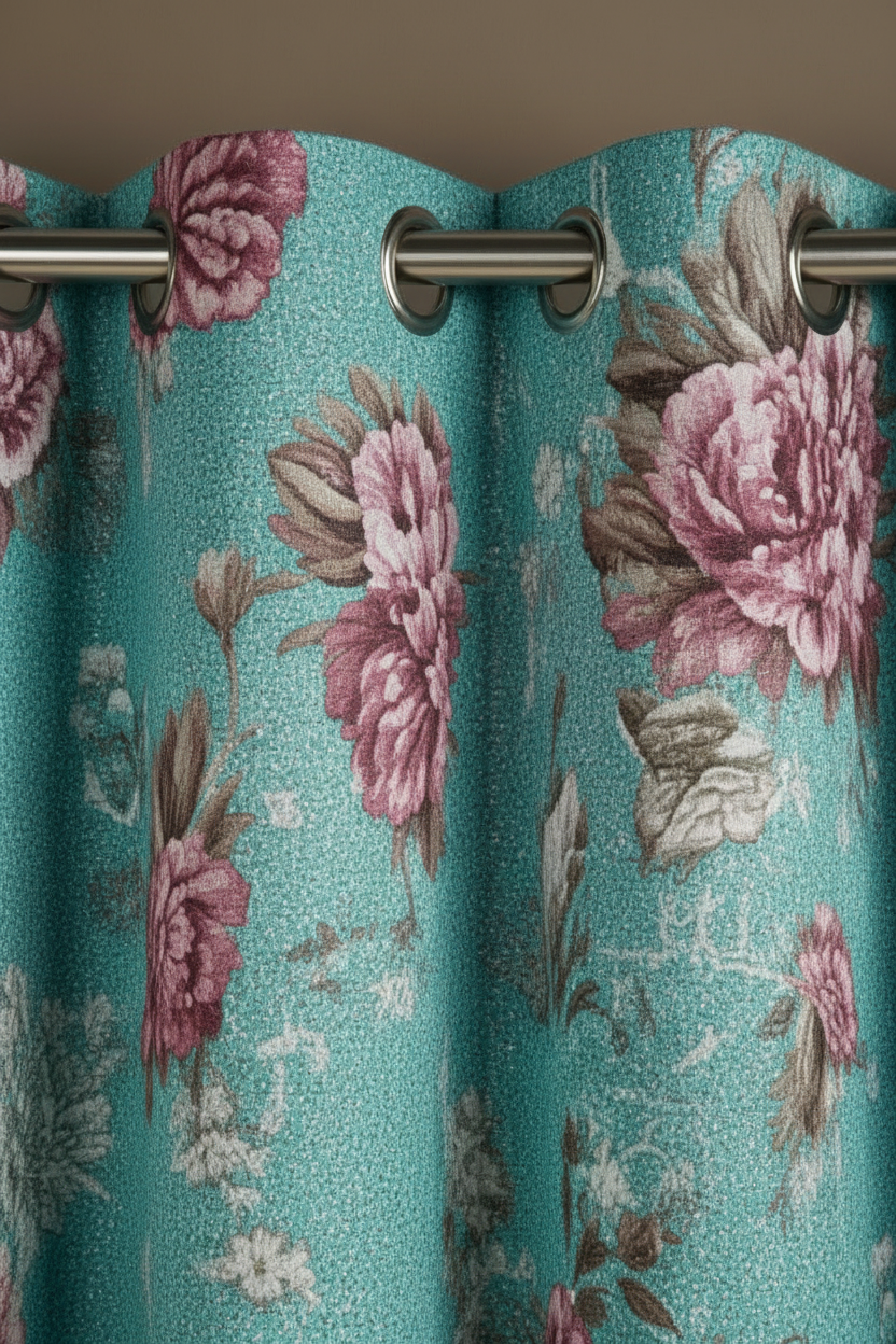 HEATHER TEAL TURQUOISE FLOWER Thick Black Out  Printed Grommet Panel Curtain