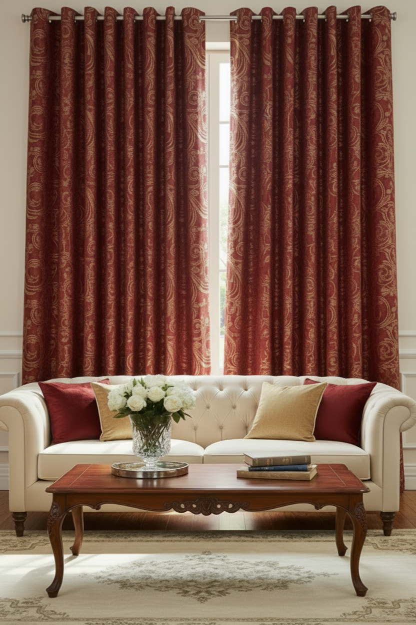 DANIELLE BURGUNDY PAISLEY MetallicJacquard Print Grommet Panel Curtain