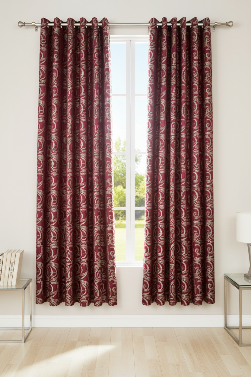 DANIELLE RED SCROLL Metallic Jacquard Print Grommet Panel Curtain