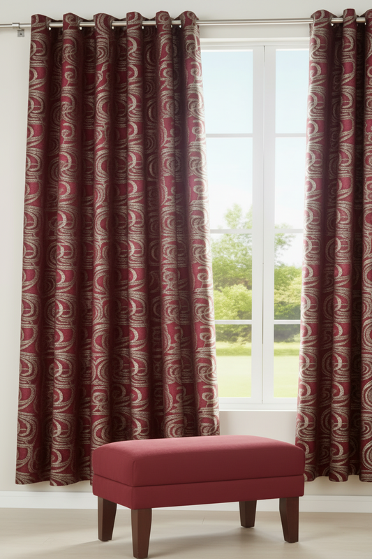 DANIELLE RED SCROLL Metallic Jacquard Print Grommet Panel Curtain