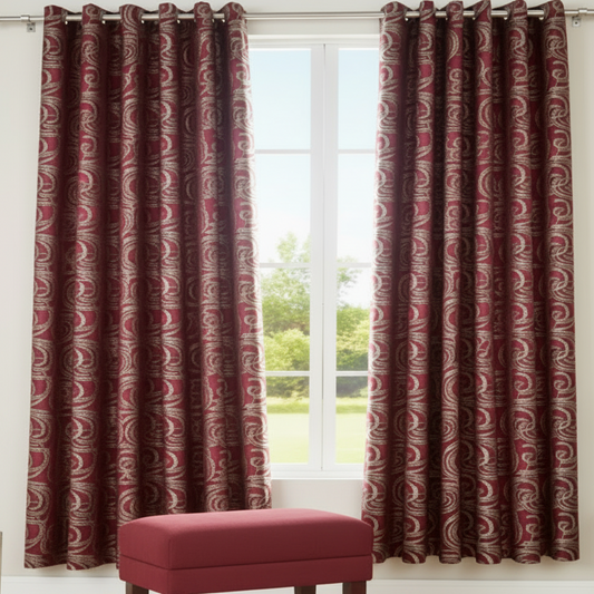 DANIELLE RED SCROLL Metallic Jacquard Print Grommet Panel Curtain