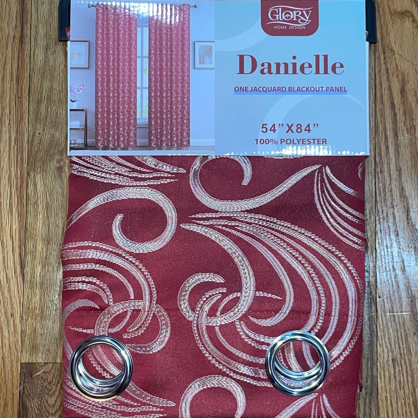 DANIELLE RED SCROLL Metallic Jacquard Print Grommet Panel Curtain