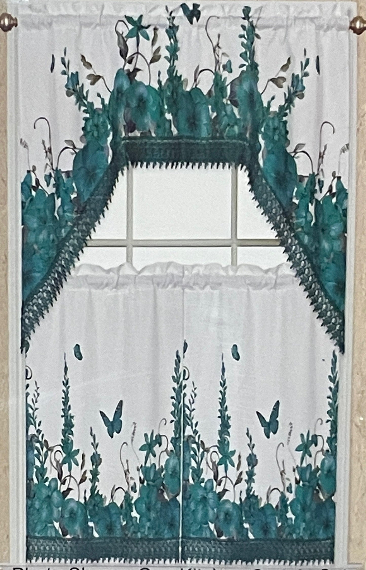 AGNES 3 piece Kitchen curtain  lace Trim Printed embroidered  GREEN
