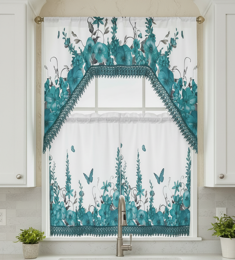 AGNES 3 piece Kitchen curtain  lace Trim Printed embroidered  GREEN
