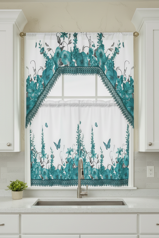 AGNES 3 piece Kitchen curtain  lace Trim Printed embroidered  GREEN