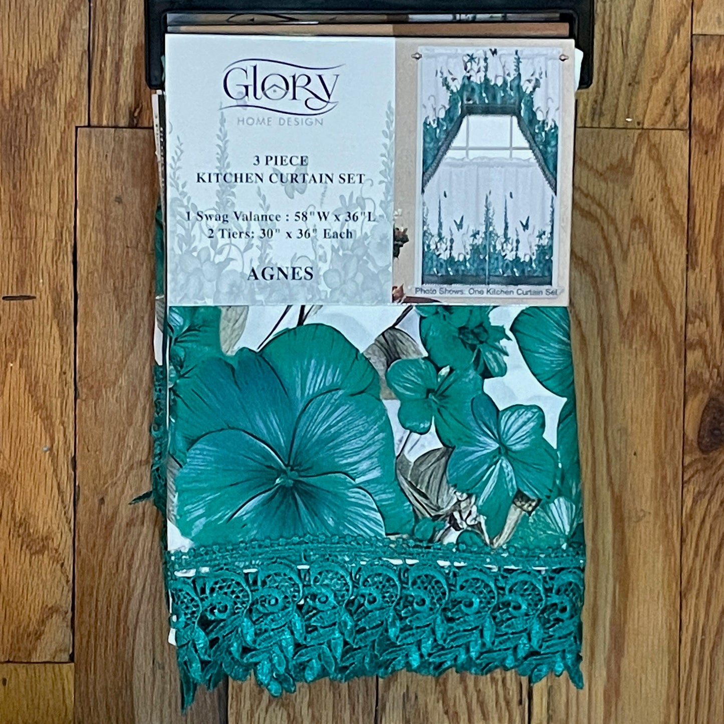 AGNES 3 piece Kitchen curtain  lace Trim Printed embroidered  GREEN