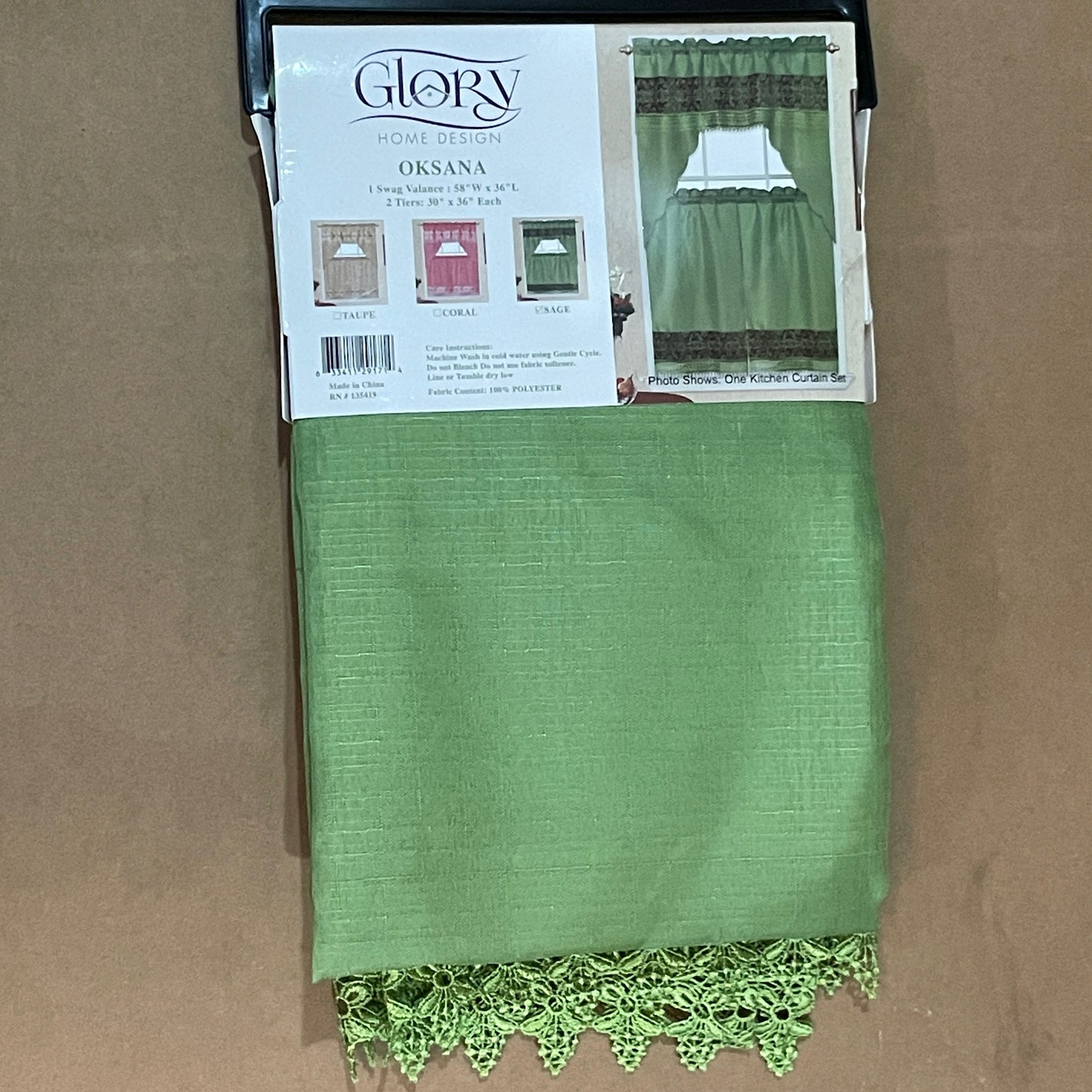 3 piece Kitchen curtain lace embroidered Stitch OKSANA Green