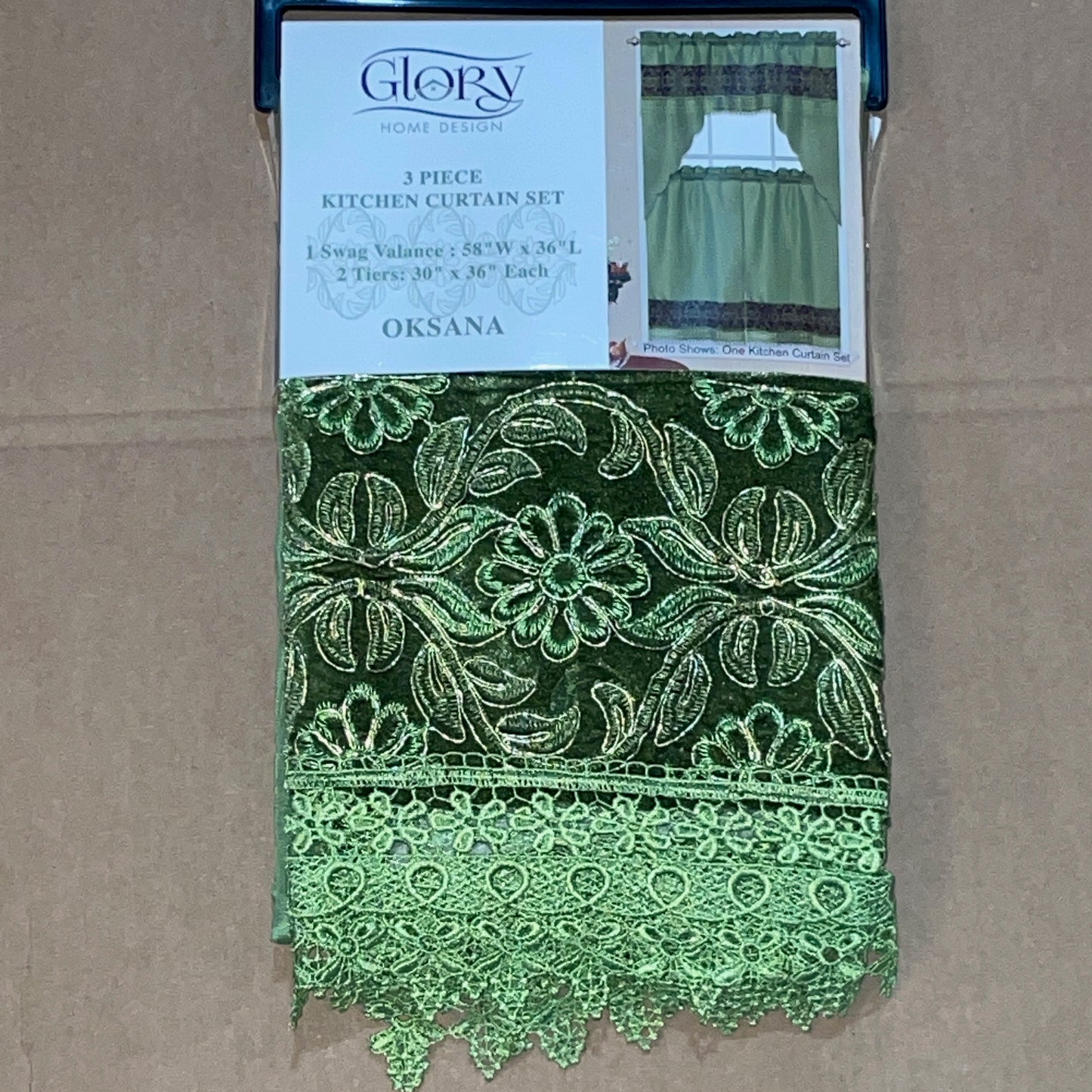 3 piece Kitchen curtain lace embroidered Stitch OKSANA Green