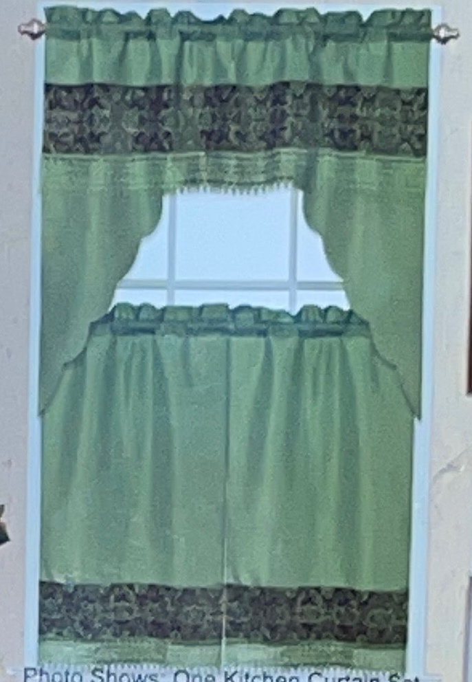 3 piece Kitchen curtain lace embroidered Stitch OKSANA Green