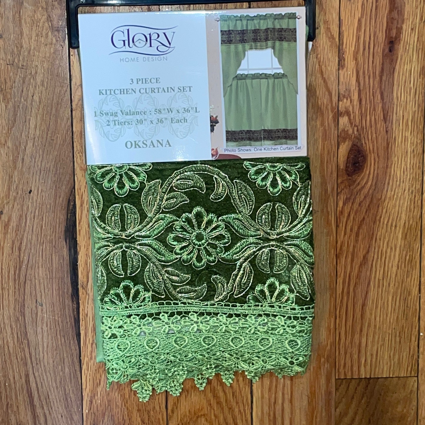 3 piece Kitchen curtain lace embroidered Stitch OKSANA Green