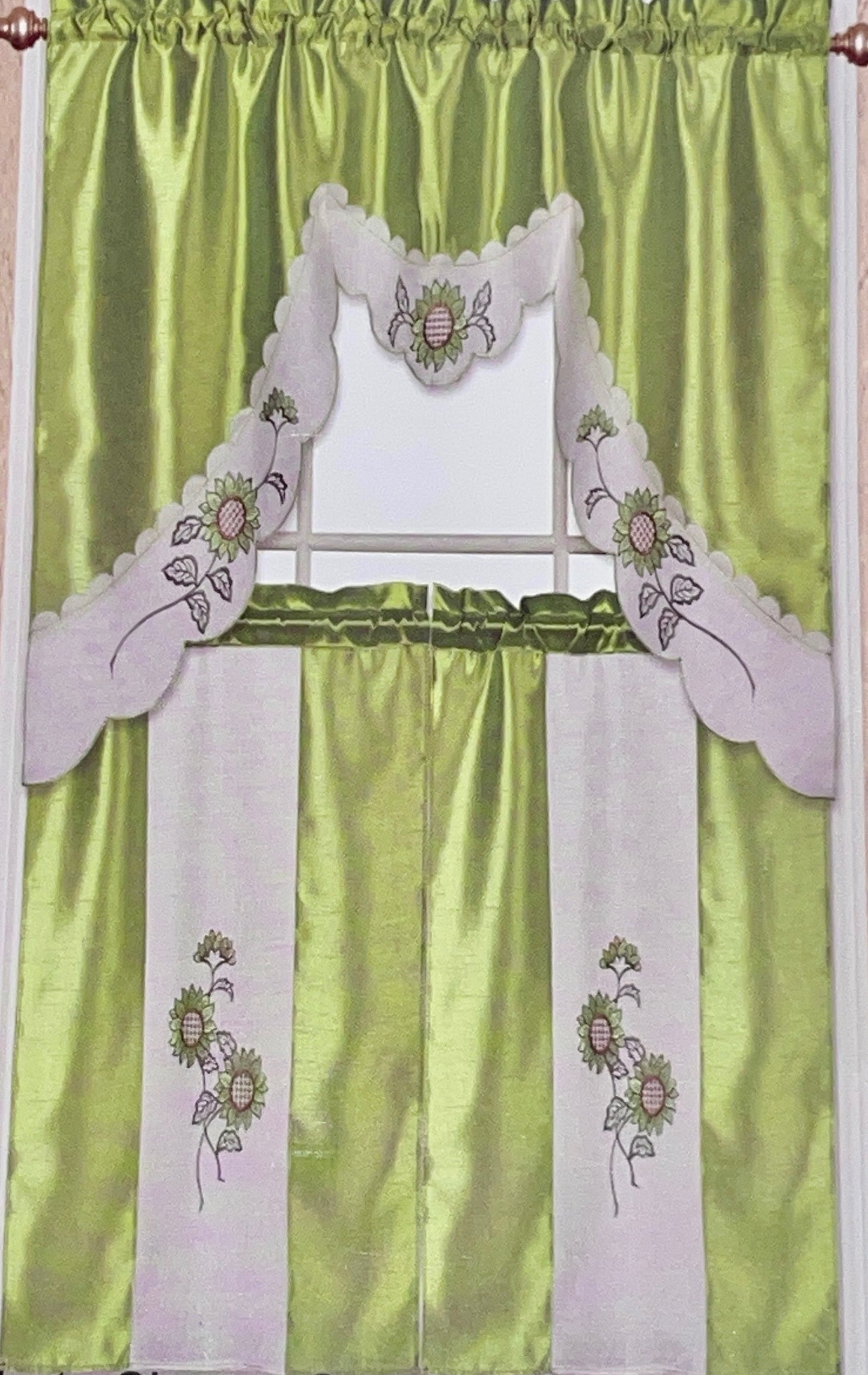 ILANA 3 piece Kitchen curtain Sunflower Embroidered  GREEN