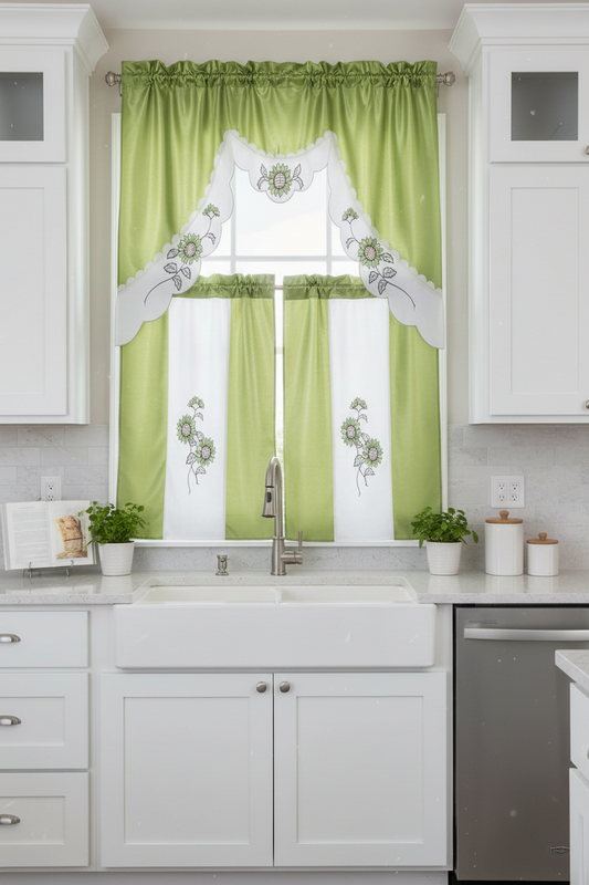 ILANA 3 piece Kitchen curtain Sunflower Embroidered  GREEN