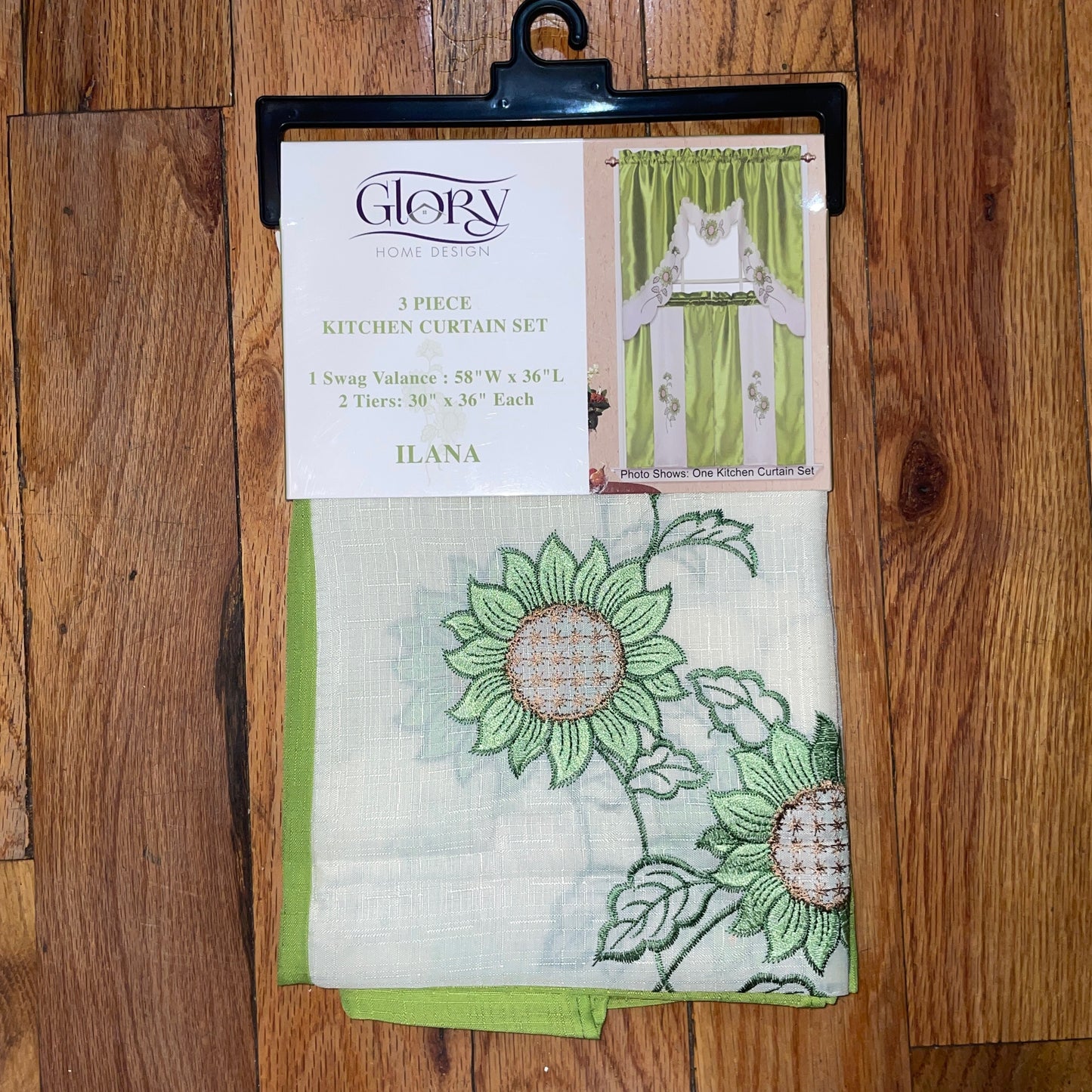 ILANA 3 piece Kitchen curtain Sunflower Embroidered  GREEN