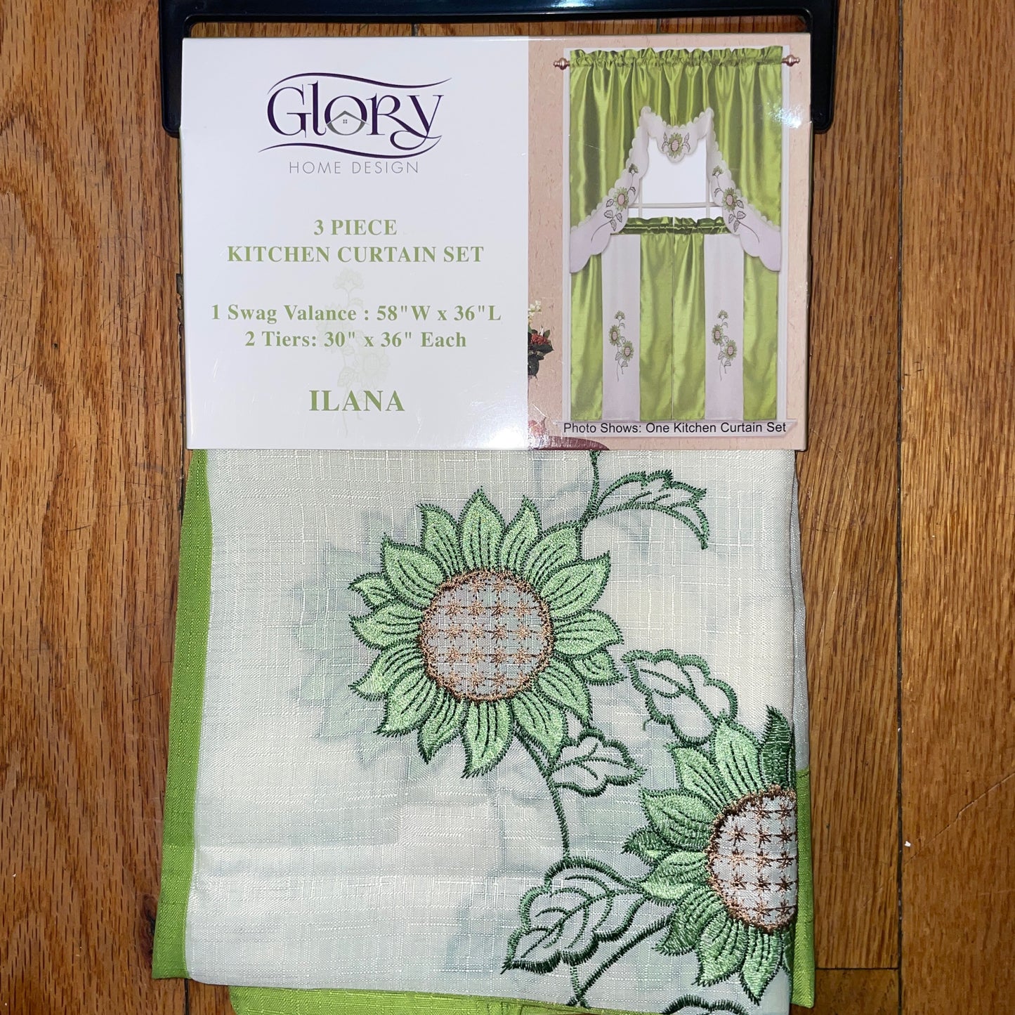 ILANA 3 piece Kitchen curtain Sunflower Embroidered  GREEN