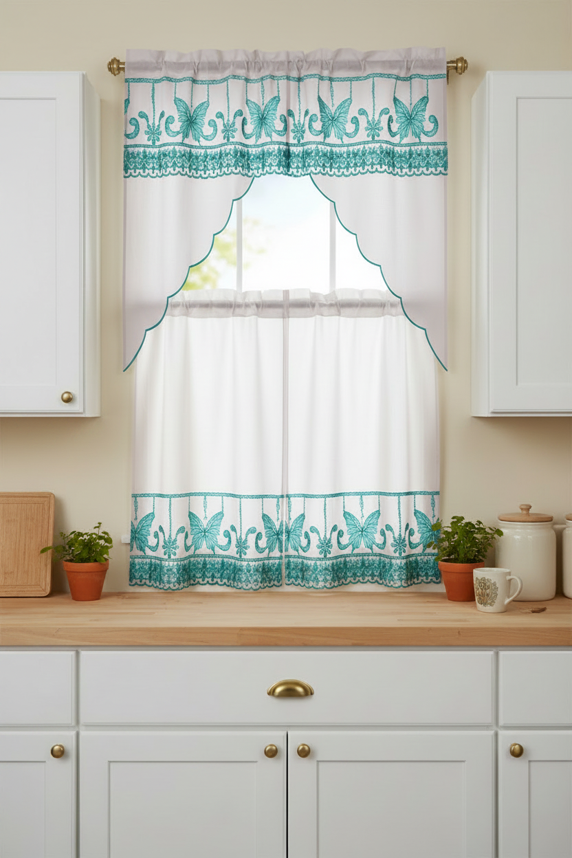 3 piece Kitchen curtain  Stitch  Stitch SAFFRON Aqua