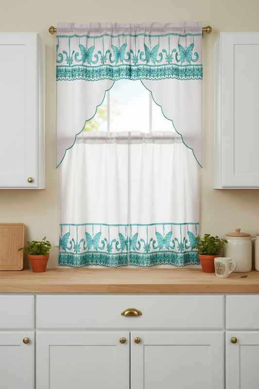3 piece Kitchen curtain  Stitch  Stitch SAFFRON Aqua