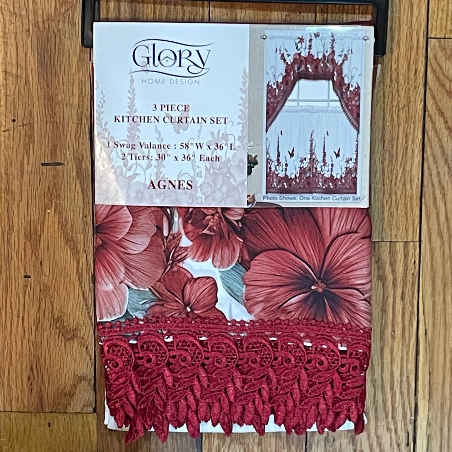 AGNES 3 piece Kitchen curtain  lace Trim Printed embroidered  RED