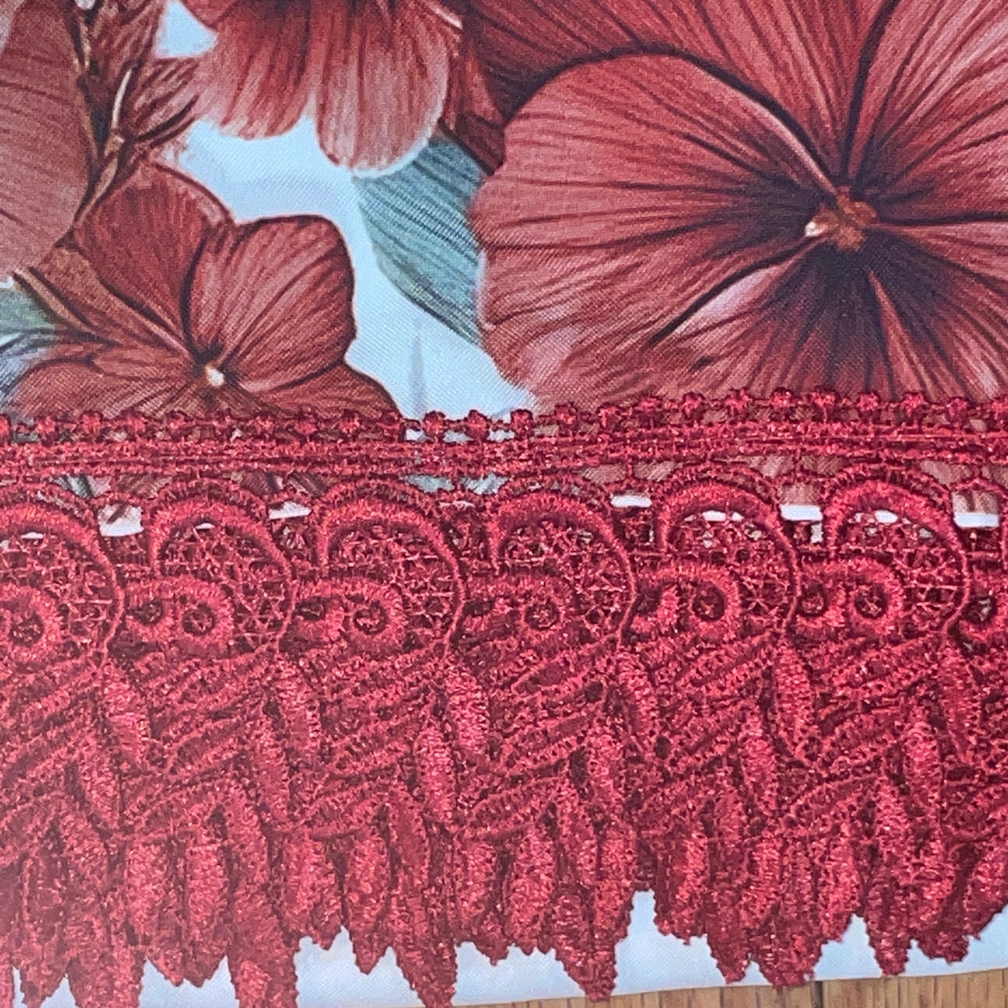 AGNES 3 piece Kitchen curtain  lace Trim Printed embroidered  RED