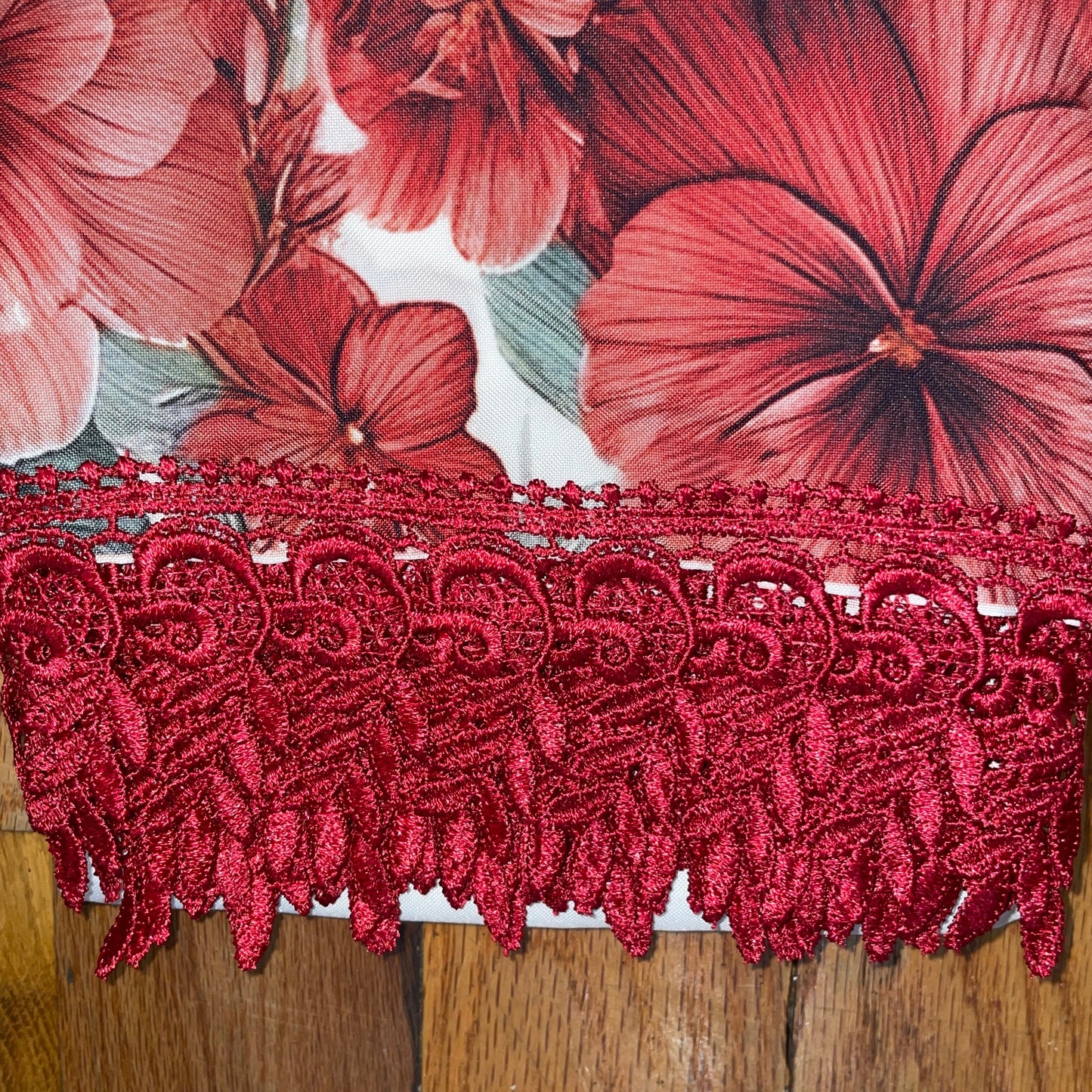 AGNES 3 piece Kitchen curtain  lace Trim Printed embroidered  RED