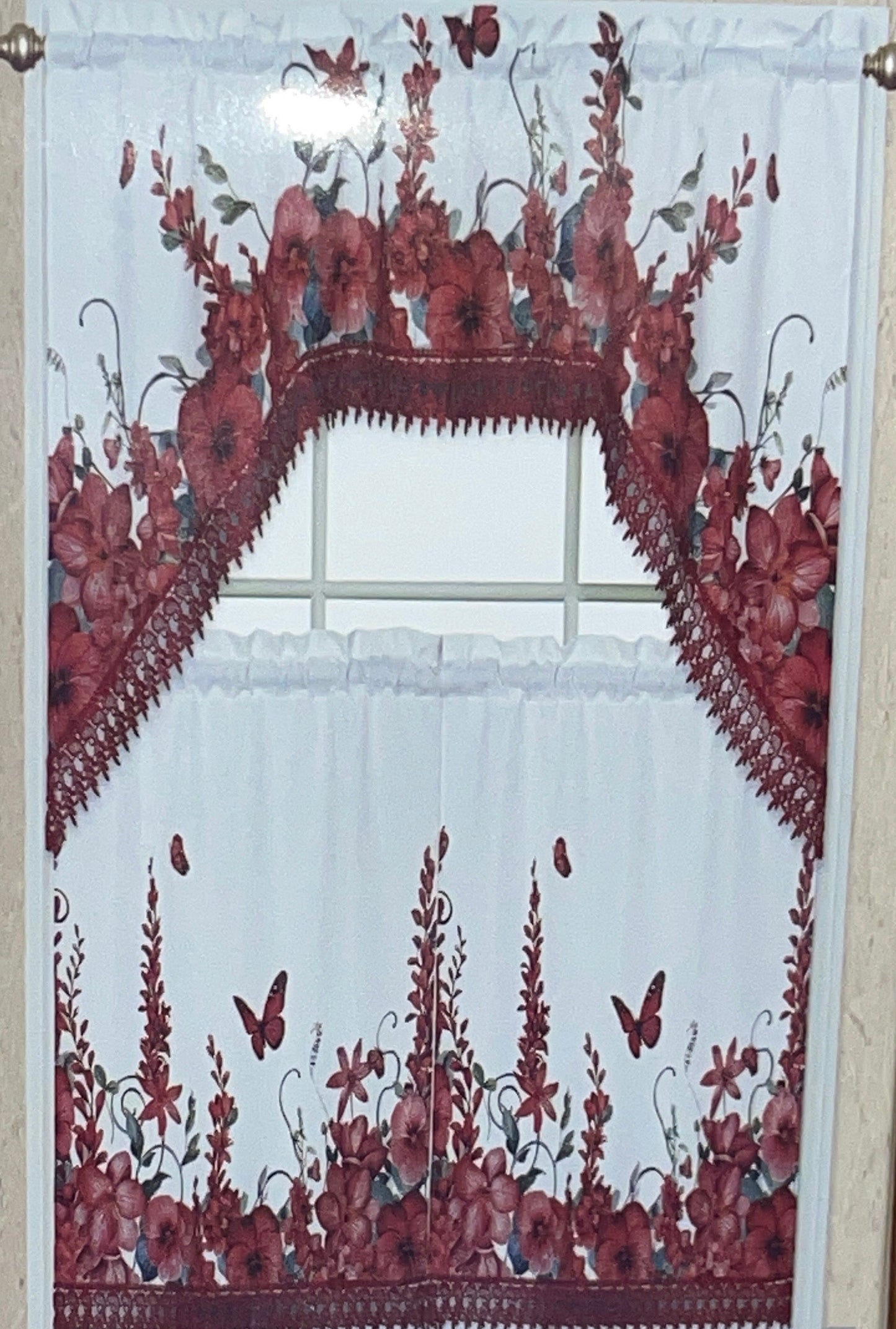 AGNES 3 piece Kitchen curtain  lace Trim Printed embroidered  RED