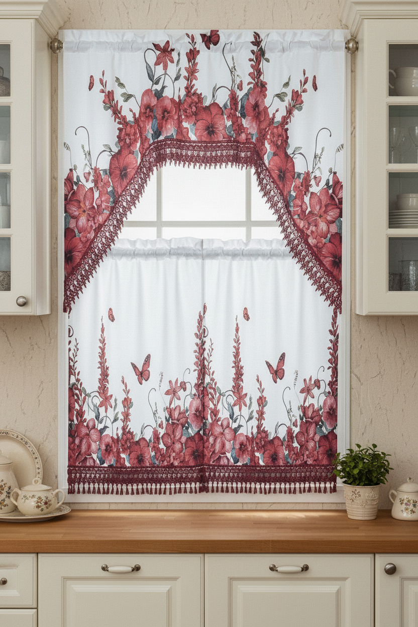 AGNES 3 piece Kitchen curtain  lace Trim Printed embroidered  RED