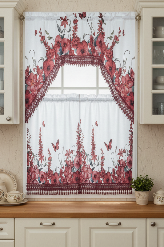 AGNES 3 piece Kitchen curtain  lace Trim Printed embroidered  RED