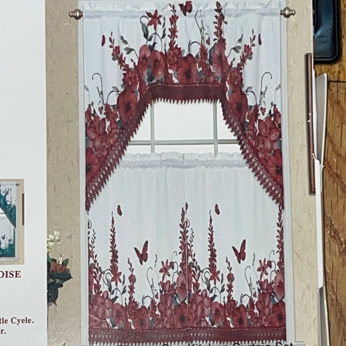 AGNES 3 piece Kitchen curtain  lace Trim Printed embroidered  RED