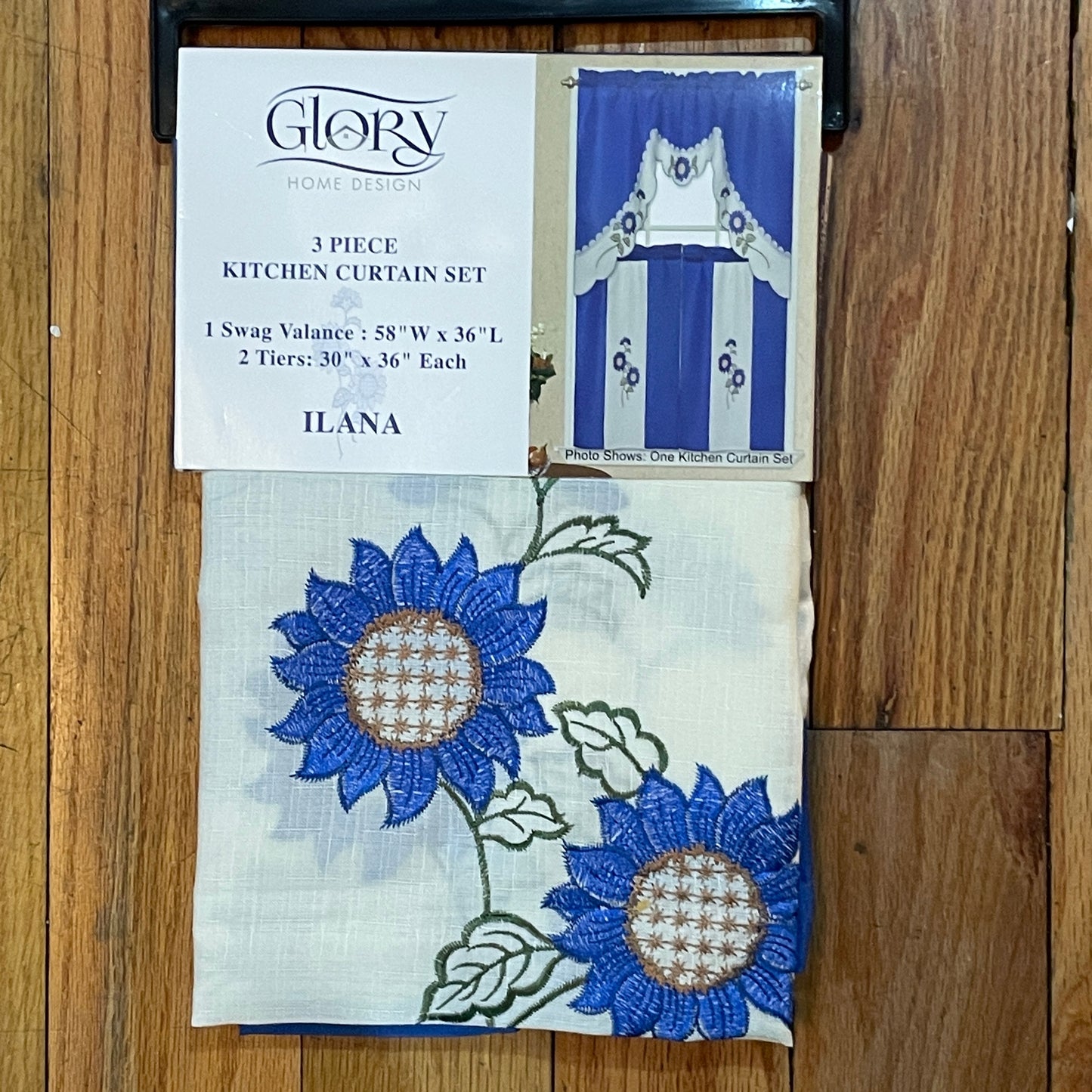 ILANA 3 piece Kitchen curtain Sunflower Embroidered  BLUE