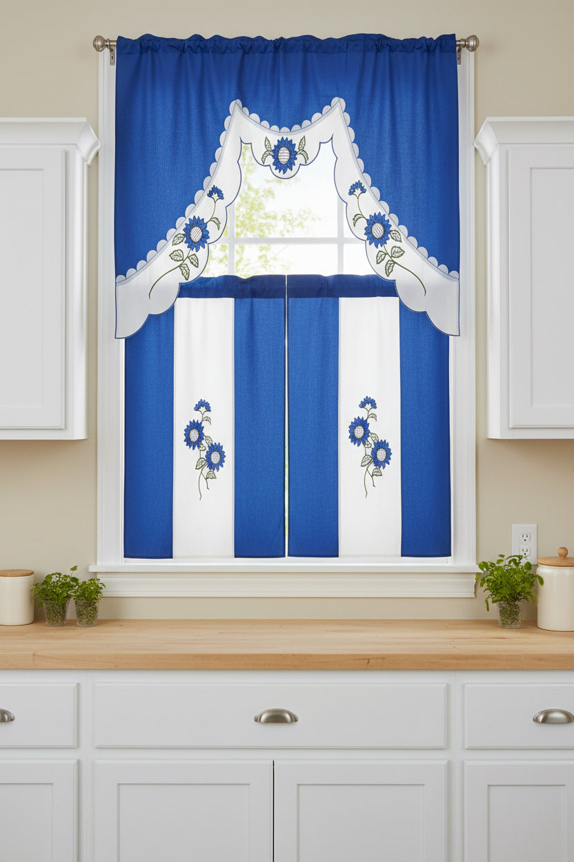 ILANA 3 piece Kitchen curtain Sunflower Embroidered  BLUE