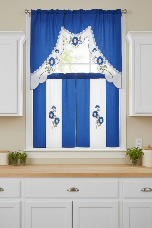 ILANA 3 piece Kitchen curtain Sunflower Embroidered  BLUE