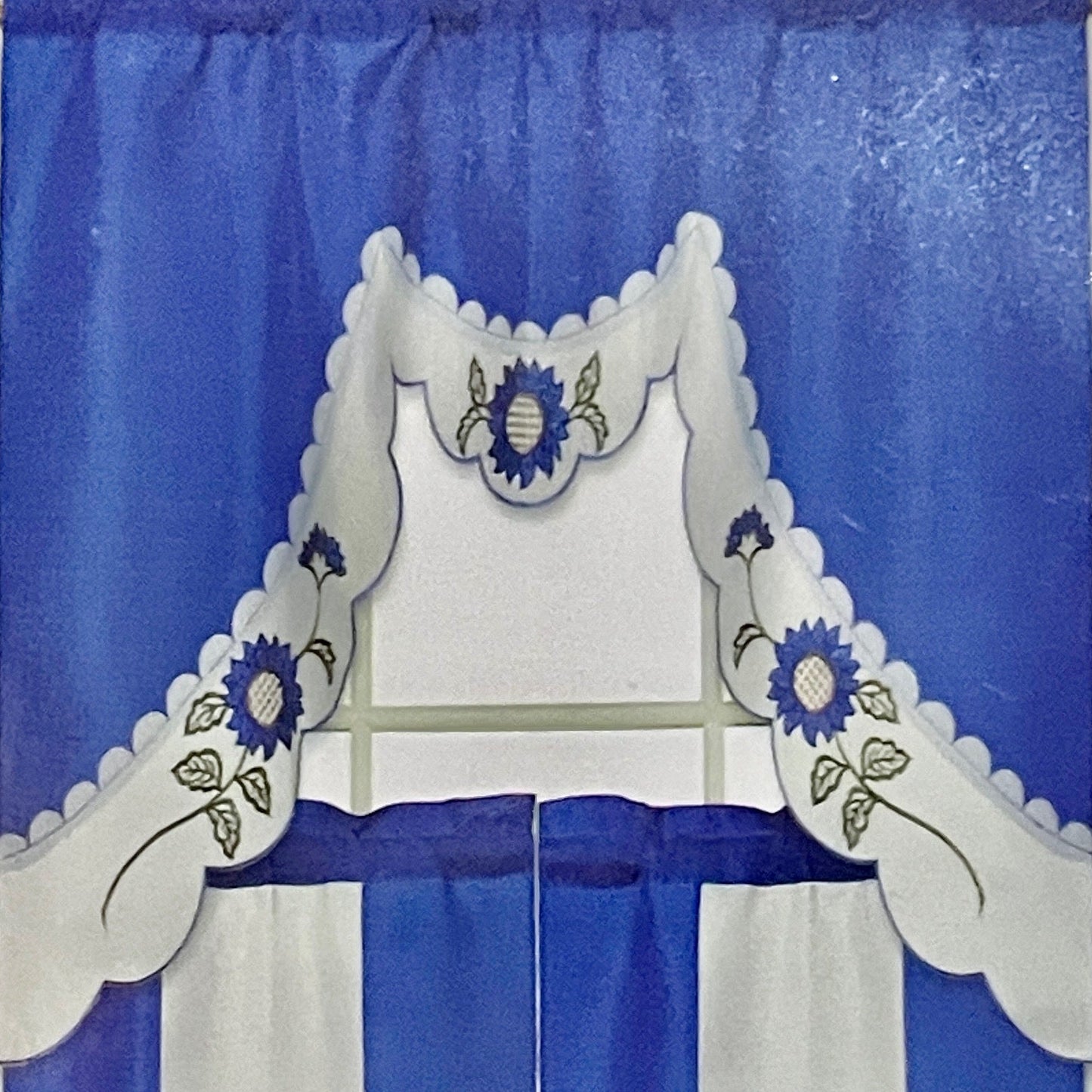 ILANA 3 piece Kitchen curtain Sunflower Embroidered  BLUE