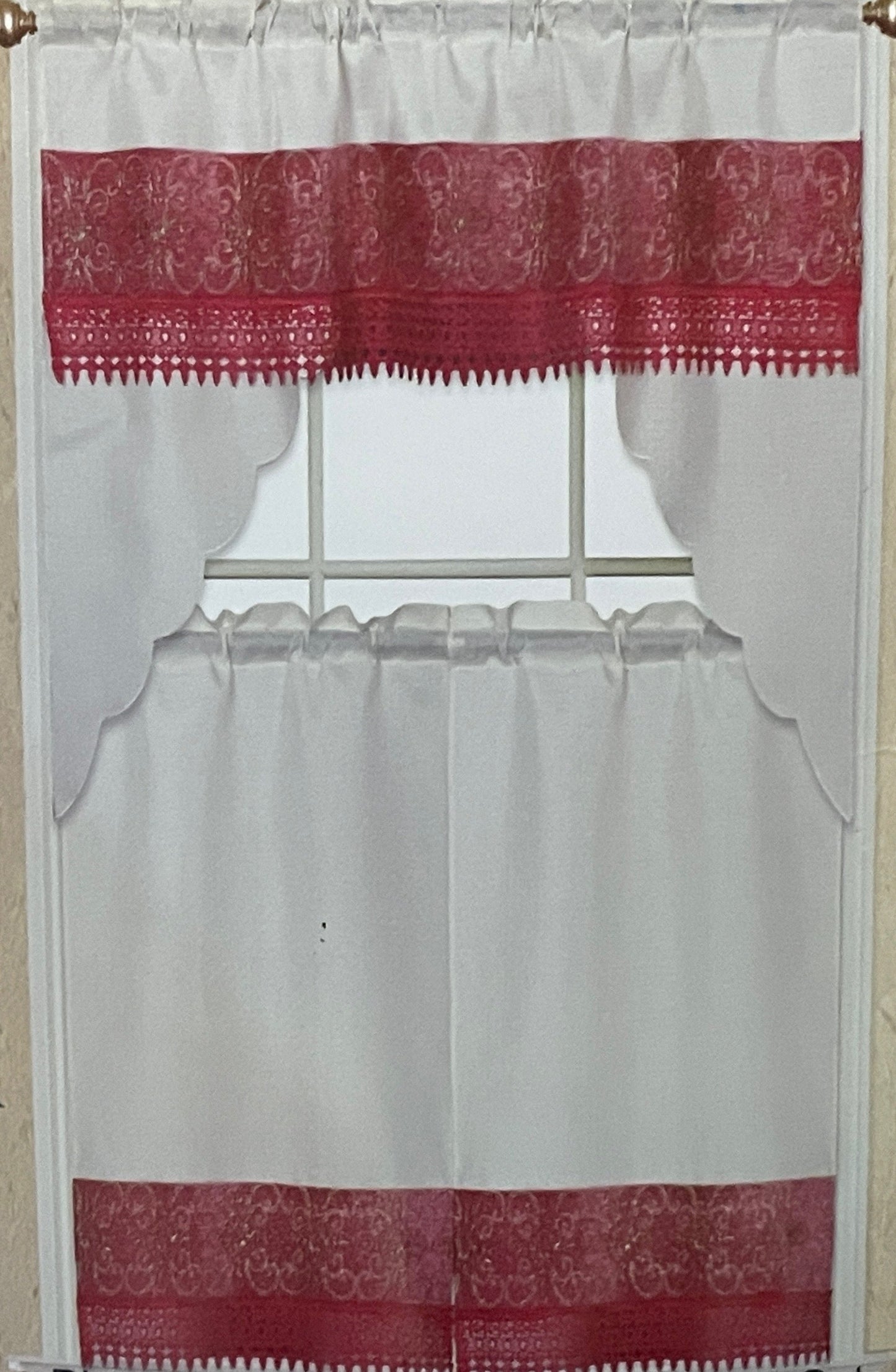 3 piece Kitchen curtain lace embroidered Stitch SKYE Hot Pink