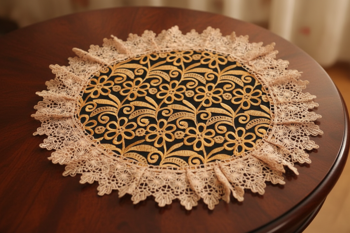 Round Embroidered floral design Table Runner Doilies 16 inch  round  Orange
