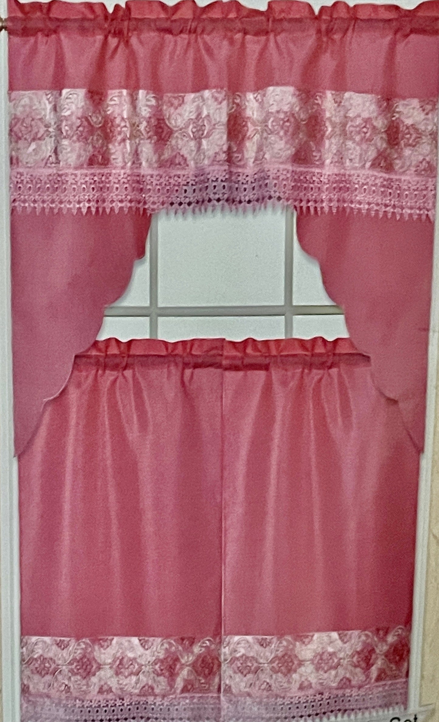 3 piece Kitchen curtain lace embroidered Stitch OKSANA Coral