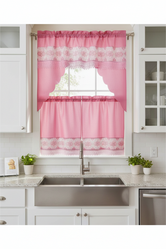 3 piece Kitchen curtain lace embroidered Stitch OKSANA Coral