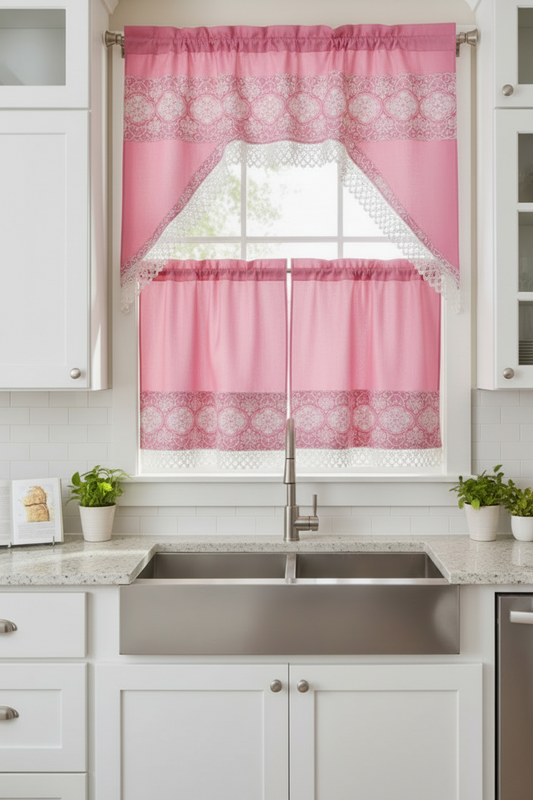 3 piece Kitchen curtain lace embroidered Stitch OKSANA CORAL