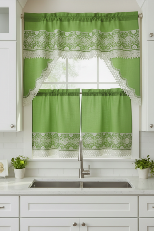 3 piece Kitchen curtain lace embroidered Stitch OKSANA GREEN