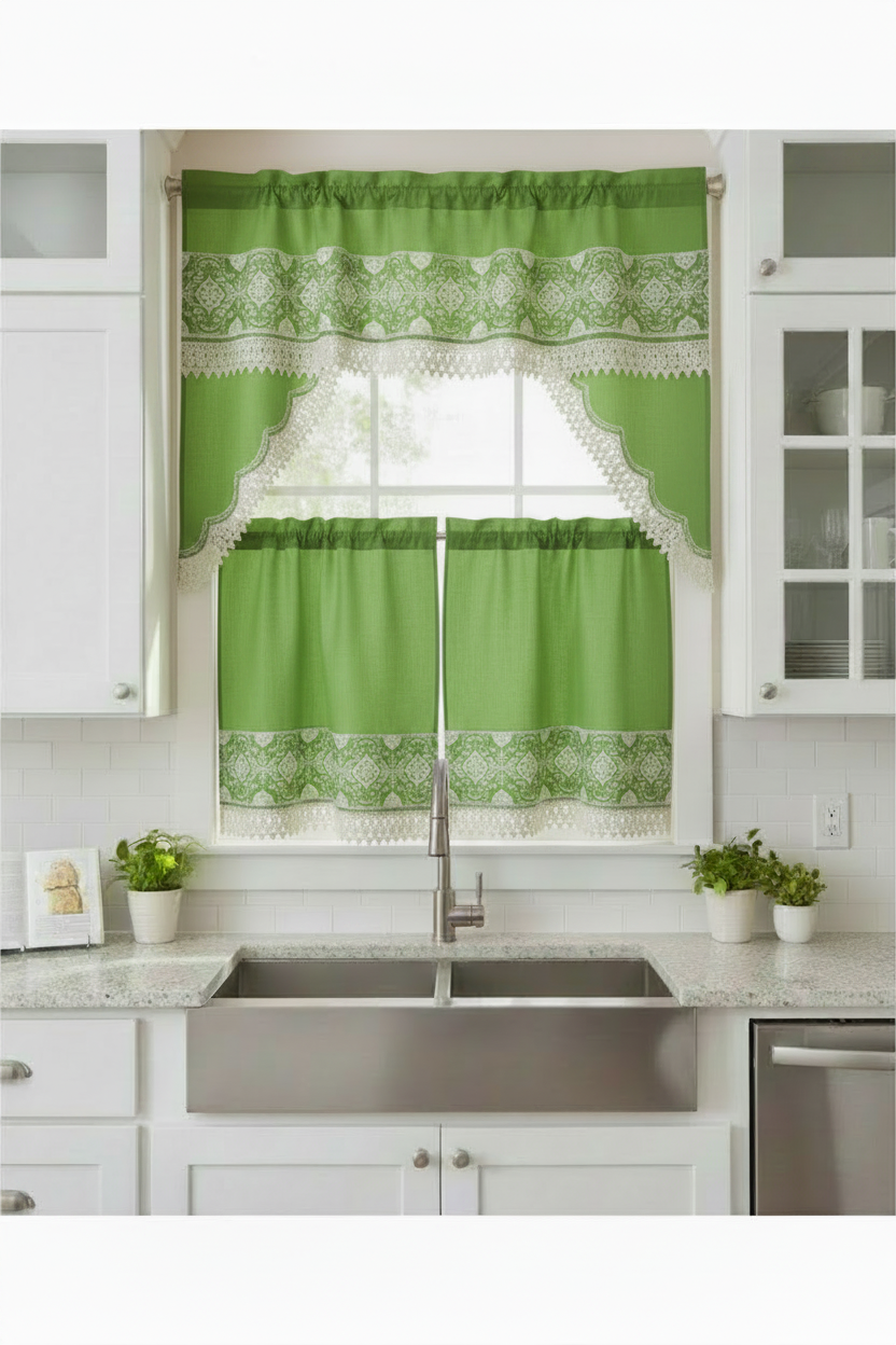 3 piece Kitchen curtain lace embroidered Stitch OKSANA Green