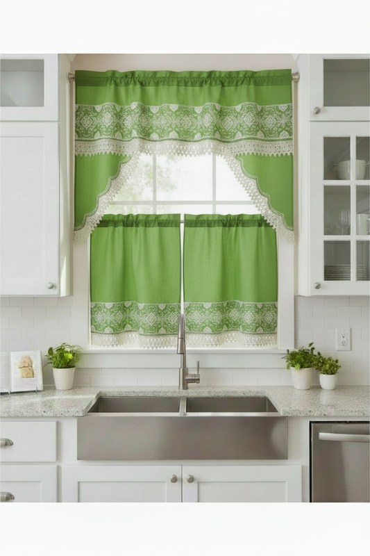3 piece Kitchen curtain lace embroidered Stitch OKSANA Green