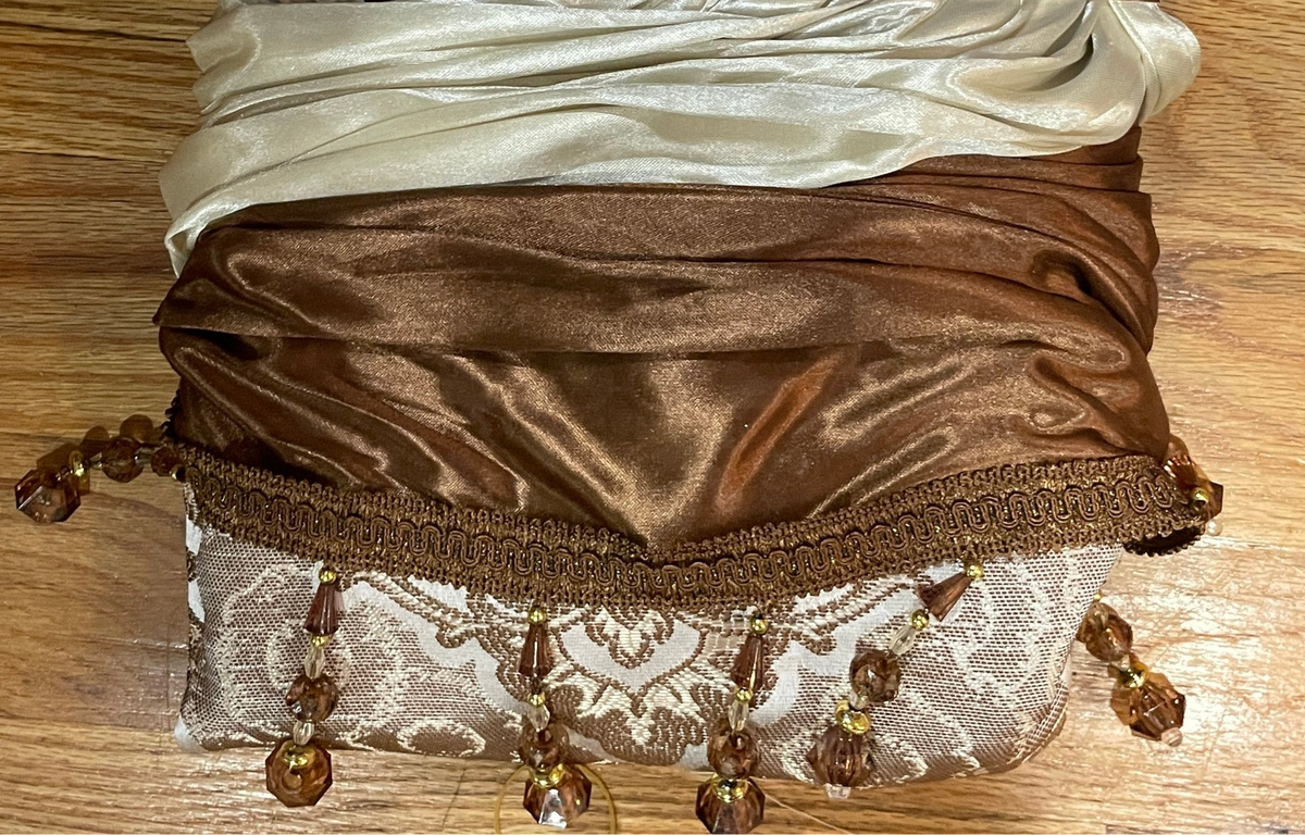 MARILYN  BROWN Jacquard  Pattern Panel Curtain w attached lace valance Brown