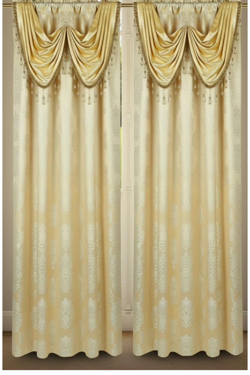 SLOANE BEIGE Jacquard  Pattern Panel Curtain w attached lace valanceLD