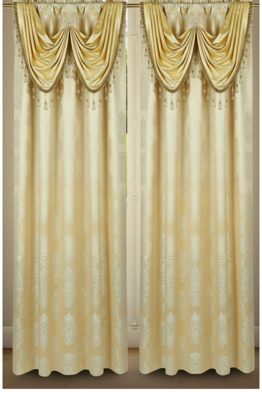 SLOANE BEIGE Jacquard  Pattern Panel Curtain w attached lace valanceLD