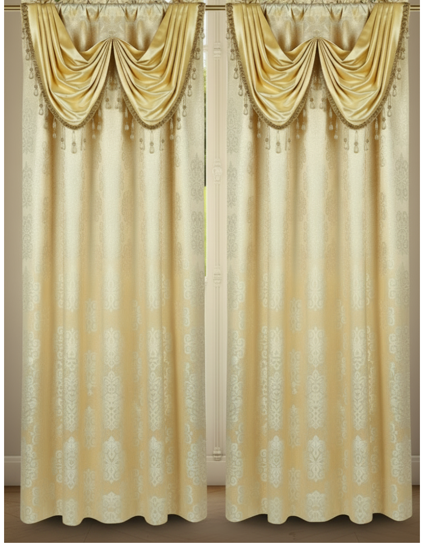 SLOANE BEIGE Jacquard  Pattern Panel Curtain w attached lace valanceLD