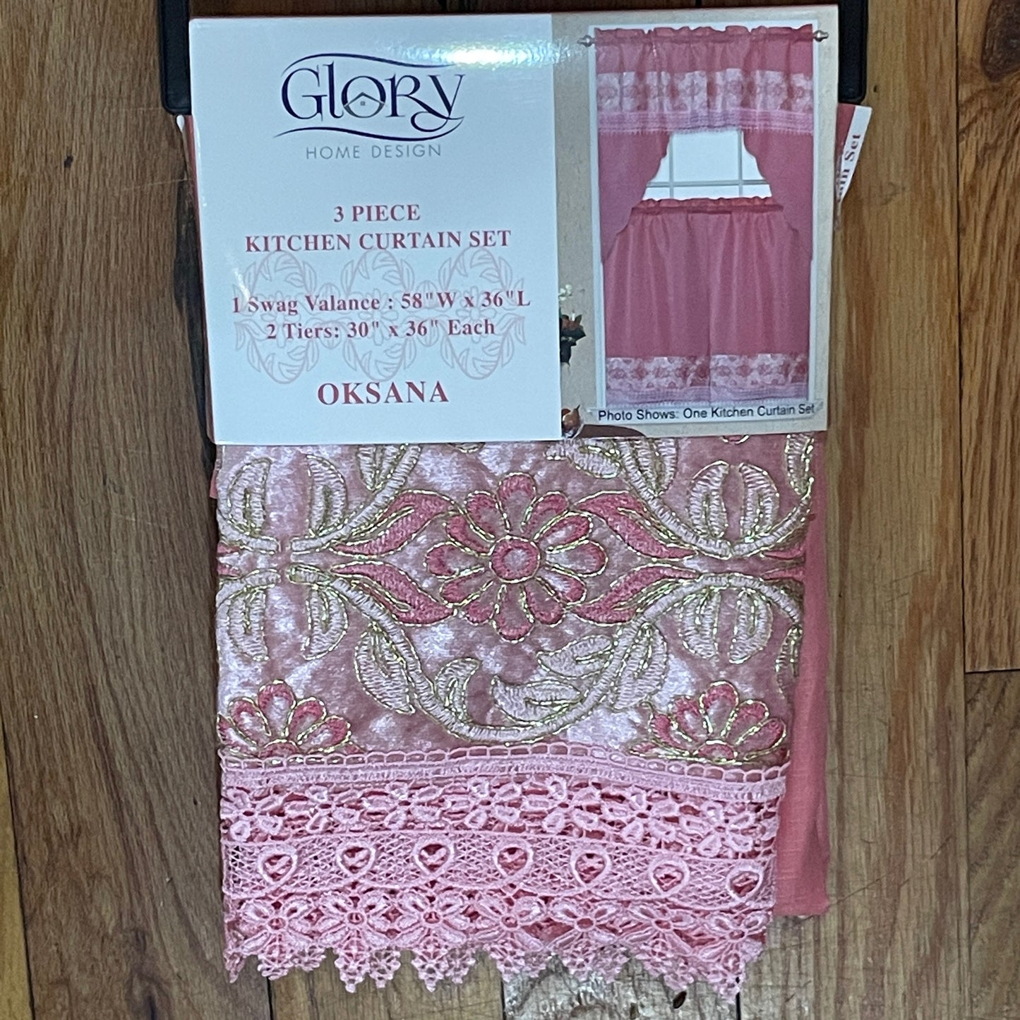 3 piece Kitchen curtain lace embroidered Stitch OKSANA Coral