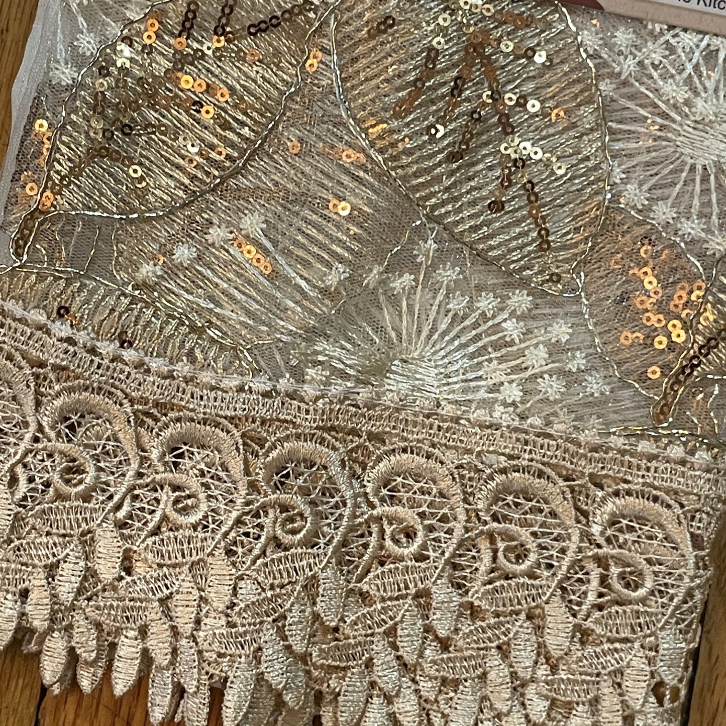 3 piece Kitchen curtain lace Leaf embroidered Stitch NOOR Beige