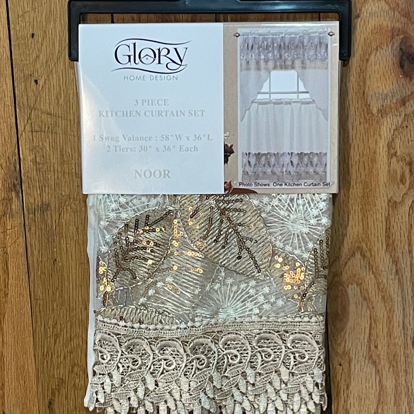 3 piece Kitchen curtain lace Leaf embroidered Stitch NOOR Beige