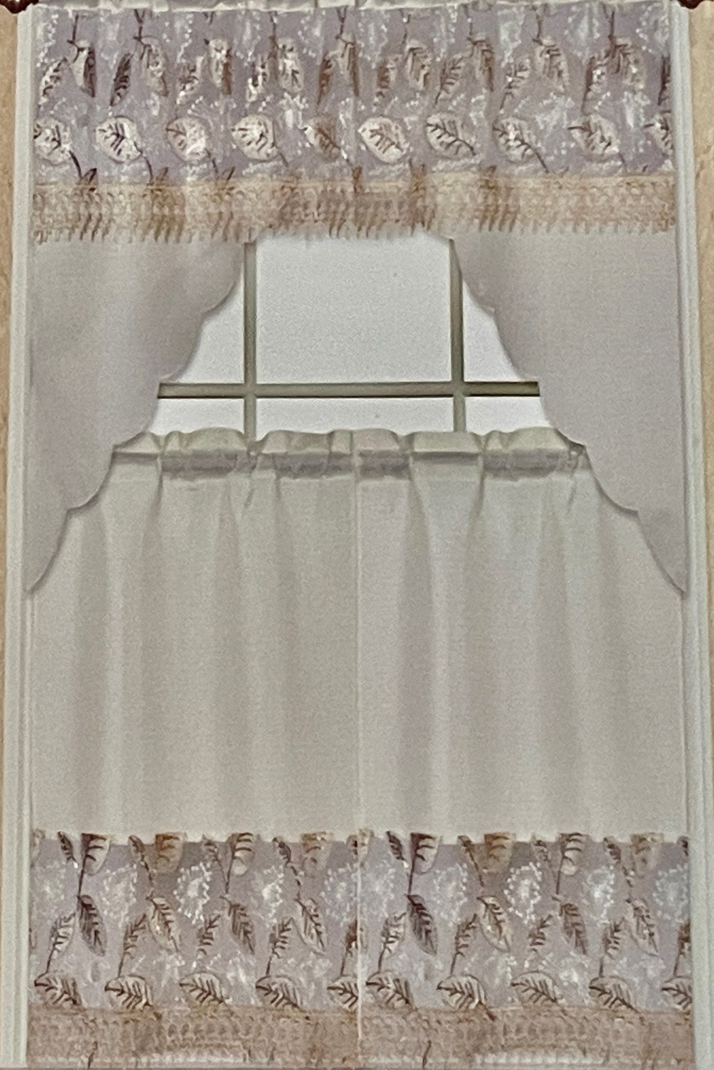 3 piece Kitchen curtain lace Leaf embroidered Stitch NOOR Beige