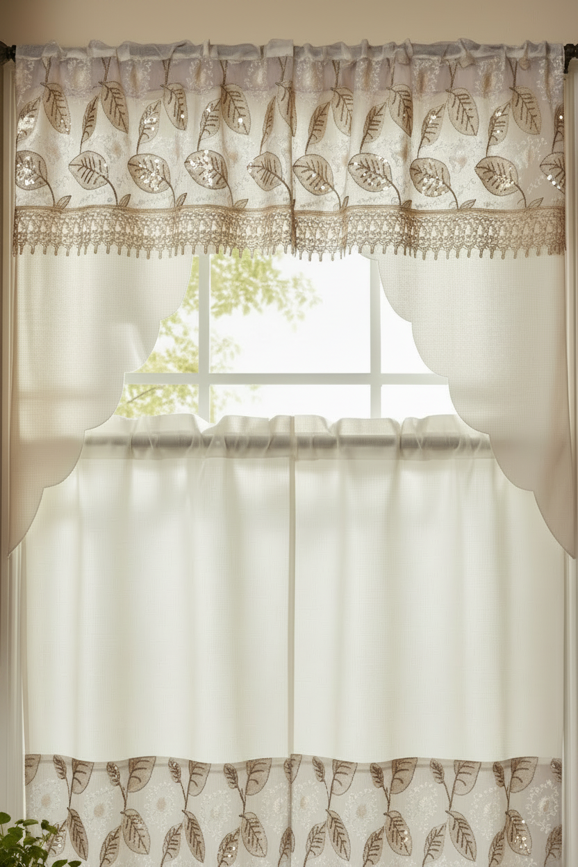3 piece Kitchen curtain lace Leaf embroidered Stitch NOOR Beige
