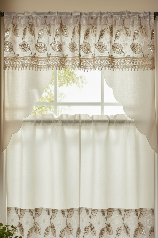 3 piece Kitchen curtain lace Leaf embroidered Stitch NOOR Beige